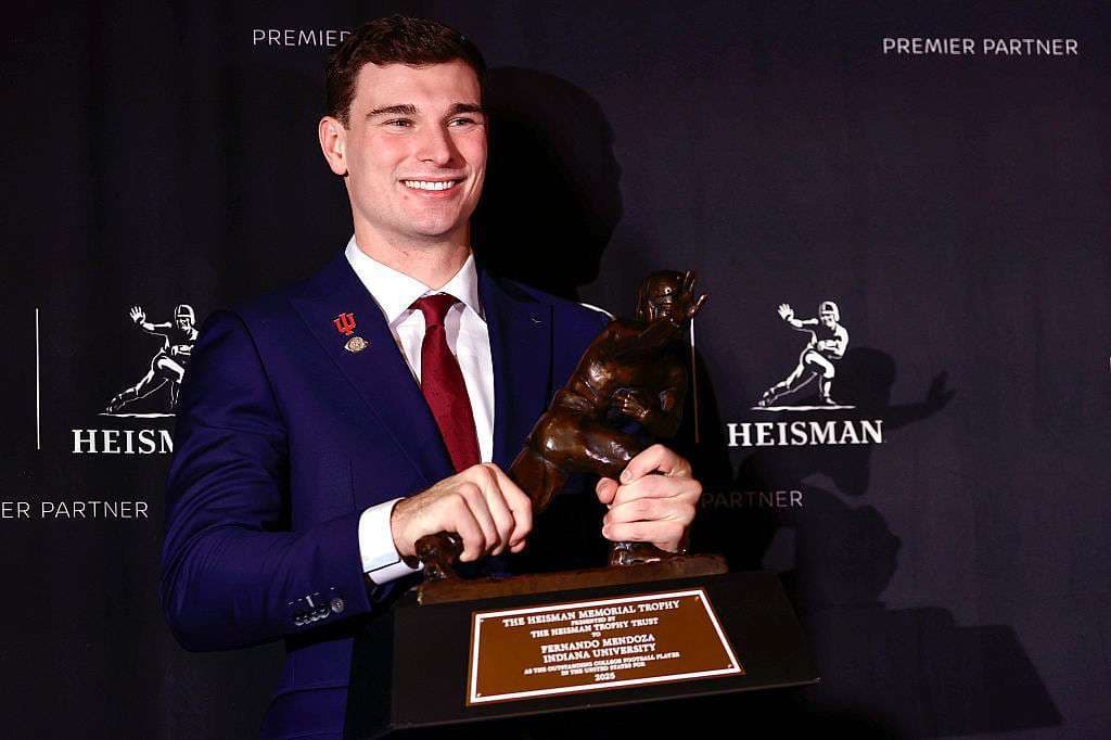 Fernando Mendoza, fresh off Heisman win, brings trophy to Indiana Newman Center